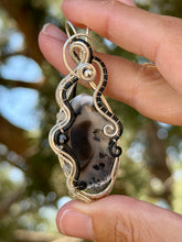 Load image into Gallery viewer, Dendritic opal with snowflake obsidian + labradorite gem accent wire wrapped pendant necklace
