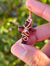 Load image into Gallery viewer, Red jasper cross with hematite gem accent wire wrapped pendant necklace
