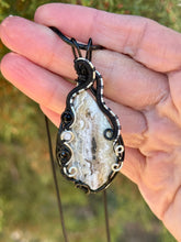 Load image into Gallery viewer, ARTISAN CAB ( Alisha Stolsig) White Crazy Lace Agate with moonstone + obsidian gem accents wire wrapped pendant necklace
