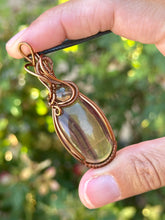 Load image into Gallery viewer, Yellow/Purple Fluorite with smoky quartz inclusion wire wrapped pendant necklace
