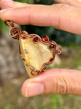Load image into Gallery viewer, Artisan cab (positive rock) druzy carnelian with garnet + tiger eye, carnelian gem accents wire wrapped pendant necklace
