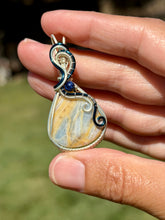 Load image into Gallery viewer, Blue scheelite with lapis lazuli gem accents wire wrapped pendant necklace
