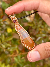 Load image into Gallery viewer, ARTISAN cab (positive rocks) Carnelian with ruby accent wire wrapped pendant necklace
