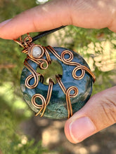Load image into Gallery viewer, Moss agate with moonstone inclusion wire wrapped pendant talisman necklace

