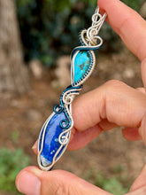 Load image into Gallery viewer, Kingman turquoise + lapis lazuli double decker wire wrapped pendant necklace
