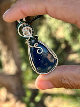 Load image into Gallery viewer, Leland Obsidian with aquamarine gem accent wire wrapped pendant necklace
