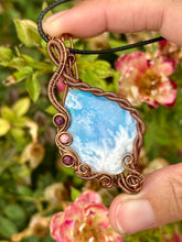 Load image into Gallery viewer, ARTISAN cab (flintstone studio) Aurora Opal Plume Agate Doublet with Ruby + Rhodonite inclusions wire wrapped pendant talisman necklace
