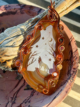 Load image into Gallery viewer, Artisan cab (Marina rabinskaya) carnelian agate slice with wolf design with  obsidian, garnet, carnelian, citrine, moonstone gem accents wire wrapped pendant necklace
