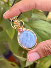 Load image into Gallery viewer, Blue lace agate with rose quartz + Rhodonite gem accents wire wrapped pendant talisman necklace
