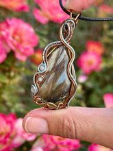 Load image into Gallery viewer, ARTISAN STONE (positive rocks) Common Blue Opal with Angelite + moonstone gem accents wire wrapped pendant necklace
