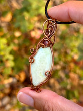 Load image into Gallery viewer, Lemon chrysoprase with ruby gem accent wire wrapped pendant necklace
