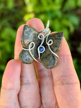 Load image into Gallery viewer, Pyrite butterfly with lapis lazuli gem accent wire wrapped pendant necklace
