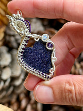 Load image into Gallery viewer, Artisan cab (Casdans) Blue goldstone with amethyst + Opalite gem accents wire wrapped pendant necklace
