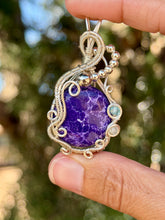 Load image into Gallery viewer, Lightning purple magnesite with blue topaz + moonstone gem accents wire wrapped pendant necklace
