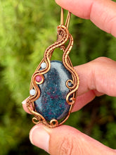 Load image into Gallery viewer, Ruby in kyanite with Angelite + pink agate gem accents wire wrapped pendant necklace
