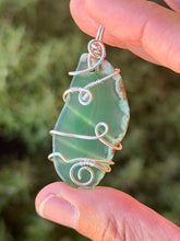 Load image into Gallery viewer, Green agate slice with fluorite gem accent wire wrapped pendant necklace
