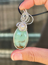 Load image into Gallery viewer, Chrysoprase with pearl inclusions wire wrapped pendant necklace
