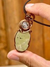 Load image into Gallery viewer, Prehnite with crackle quartz  gem accent wire wrapped pendant talisman necklace
