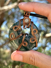 Load image into Gallery viewer, Moss agate with moonstone inclusion wire wrapped pendant talisman necklace
