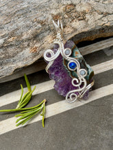 Load image into Gallery viewer, Amethyst stalactite with aquamarine + lapis lazuli gem accents wire wrapped pendant necklace
