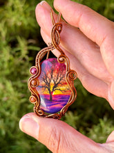 Load image into Gallery viewer, Artisan cab (johari gems) Sunset Tree of life Resin Cab with ruby, goldstone, carnelian gem accents wire wrapped pendant necklace
