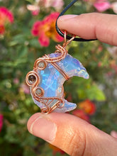 Load image into Gallery viewer, Opalite moon with blue kyanite + obsidian gem accents wire wrapped pendant necklace

