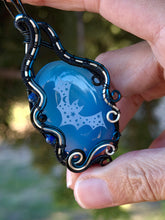 Load image into Gallery viewer, Artisan cab (Marina rabinskaya) blue onyx bat with lapis lazuli + onyx gem accents wire wrapped pendant necklace
