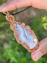 Load image into Gallery viewer, ARTISAN STONE (positive rocks) White tube agate with Rhodonite + lepidolite gem accent wire wrapped pendent necklace

