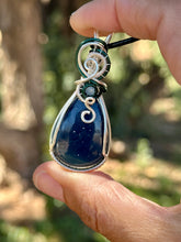 Load image into Gallery viewer, Leland Obsidian with aquamarine gem accent wire wrapped pendant necklace
