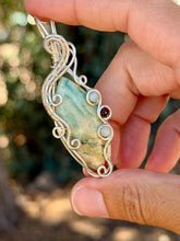 Load image into Gallery viewer, Mariposite with Amazonite + garnet gem accent wire wrapped pendant necklace
