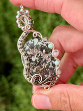 Load image into Gallery viewer, Artisan cab (johari gems) kammererite with green fluorite, chrysoprase, pink opal gem accents wire wrapped pendant necklace
