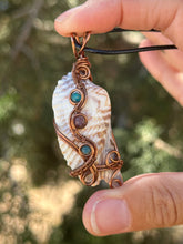 Load image into Gallery viewer, Seashell with amethyst + blue apatite gem accent wire wrapped pendant necklace
