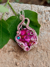 Load image into Gallery viewer, Artisan cab (johari gems) Pink spiny oyster with rhodonite + turquoise gem accents wire wrapped pendant necklace
