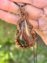 Load image into Gallery viewer, ARTISAN STONE (sunset lapidary) Idaho Sunset Seam Agate with Mookaite + carnelian gem accents wire wrapped pendant necklace
