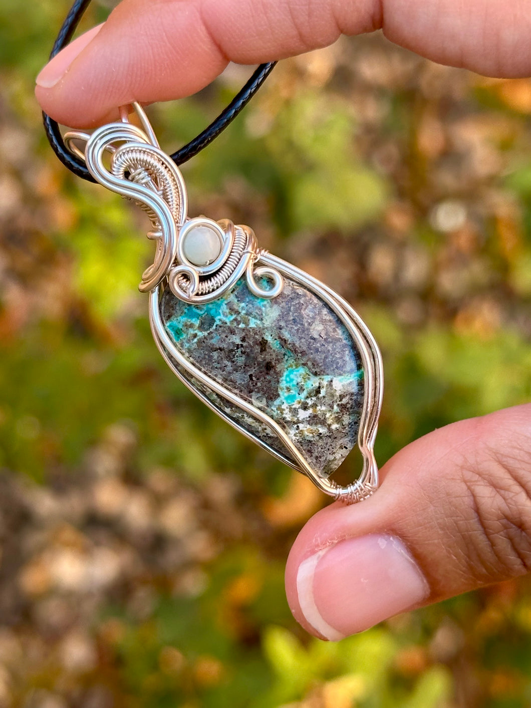 Chrysocolla with amazonite gem accent wire wrapped pendant necklace