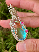 Load image into Gallery viewer, Angel aura quartz with pink agate + sea sediment jasper gem accents wire wrapped pendant necklace
