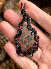 Load image into Gallery viewer, Artisan cab (johari gems) peanut obsidian with rutile quartz + garnet gem accents wire wrapped pendant necklace

