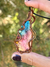 Load image into Gallery viewer, ARTISAN STONE (adit stones) rainbow (enhanced) fossilized palm root with blue apatite, green aventurine, raspberry jade, yellow Mookaite gem accents wire wrapped pendant necklace

