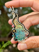 Load image into Gallery viewer, Artisan cab (positive rock) rainbow moss agate with rhodonite, citrine, blue apatite gem accents wire wrapped pendant necklace
