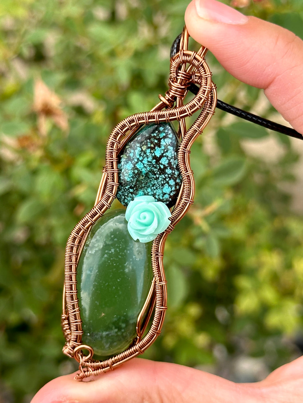 Tibetan Turquoise + Serpentine Double Decker Wire wrapped pendent necklace