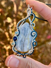 Load image into Gallery viewer, Reserved for Amy f DUO TONED WIRE blue scheelite with blue apatite + lapis lazuli inclusions Wire wrapped pendant

