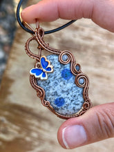 Load image into Gallery viewer, K2 azurite in granite with aquamarine + sapphire inclusions Wire wrapped pendant
