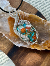 Load image into Gallery viewer, DESIGNER STONE spiny oyster turquoise with rhodochrosite + rose quartz inclusions Wire wrapped pendant
