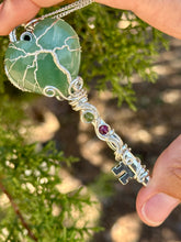 Load image into Gallery viewer, Green aventurine heart with ruby in zoisite inclusions skeleton key wire wrapped pendant talisman necklace
