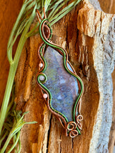 Load image into Gallery viewer, Artisan cab (positive rocks) Indonesian moss agate with rhodochrosite + rose quartz gem accents wire wrapped pendant necklace
