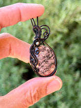 Load image into Gallery viewer, Flower obsidian with pyrite gem accent wire wrapped pendant necklace
