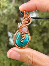 Load image into Gallery viewer, Chrysocolla/Shattuckite with Rose quartz gem accents wire wrapped pendant necklace
