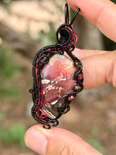 Load image into Gallery viewer, Artisan cab (johari gems) lava vein crazy lace agate with garnet + obsidian gem accents wire wrapped pendant necklace
