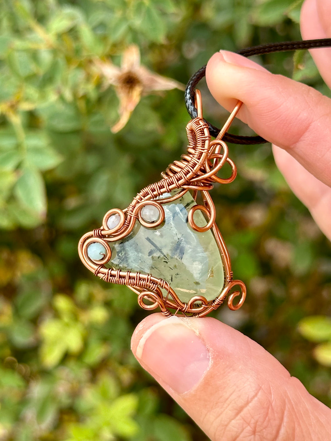 Prehnite/Epidote with gem inclusions Wire wrapped pendent necklace