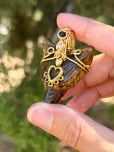 Load image into Gallery viewer, Tiger eye wolf with citrine + black tourmaline gem accents wire wrapped pendant necklace
